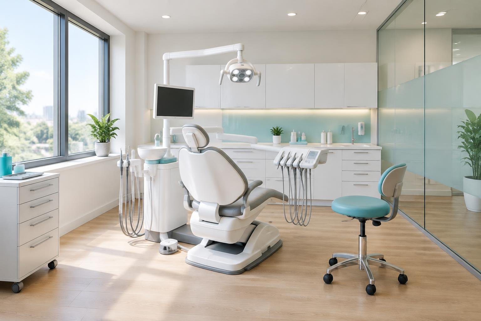 Illustrative sunlit dental treatment room