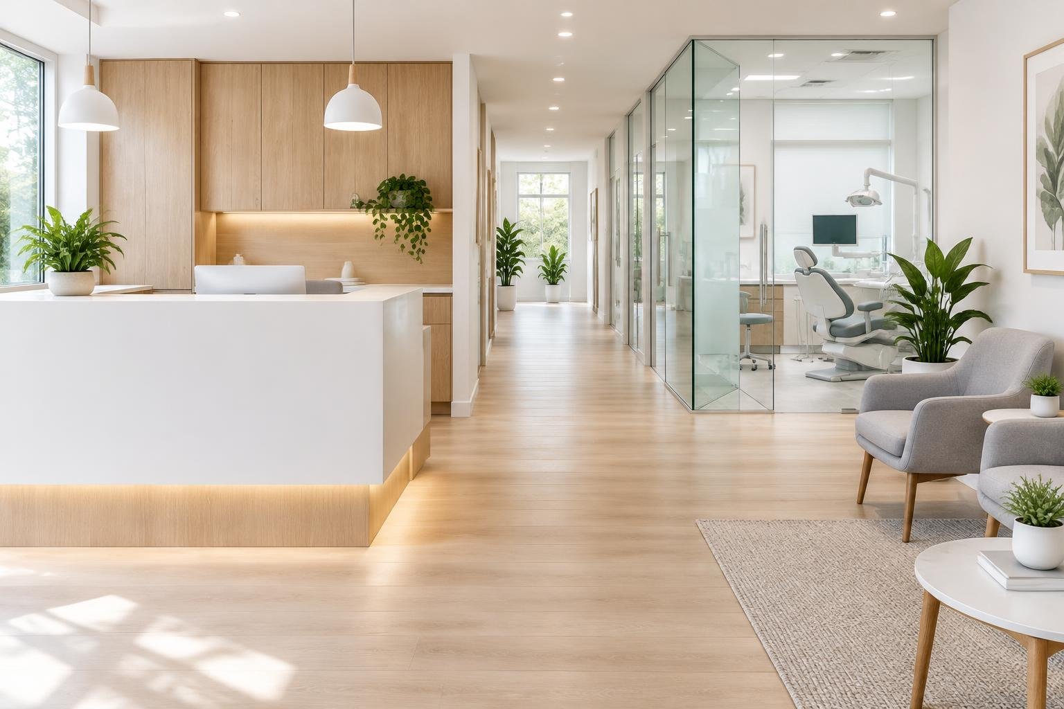 Illustrative bright dental reception and glass-fronted treatment rooms